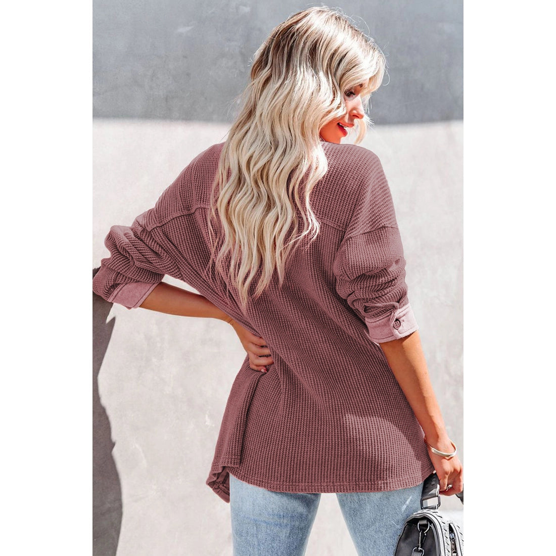 Ribbed Buttoned Long Sleeve Shacket