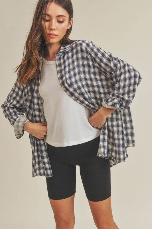 Navy Blue Plaid Button-Down